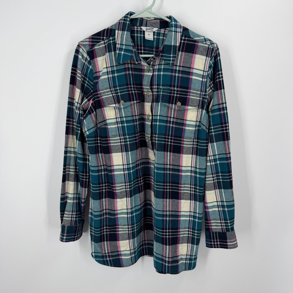 Duluth Quarter Button Down Women Medium Blue Plaid Flannel Pockets Cotton